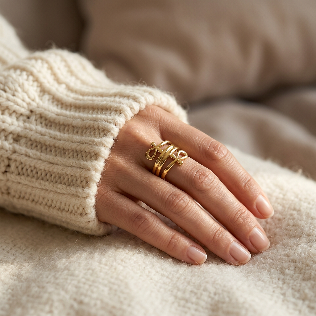 Close-up of a feminine hand wearing a gold ankh cross ring with Egyptian symbol design, the ancient hieroglyphic resting on the finger. Soft natural lighting, warm beige linen background, natural skin texture with visible pores and slight imperfections.