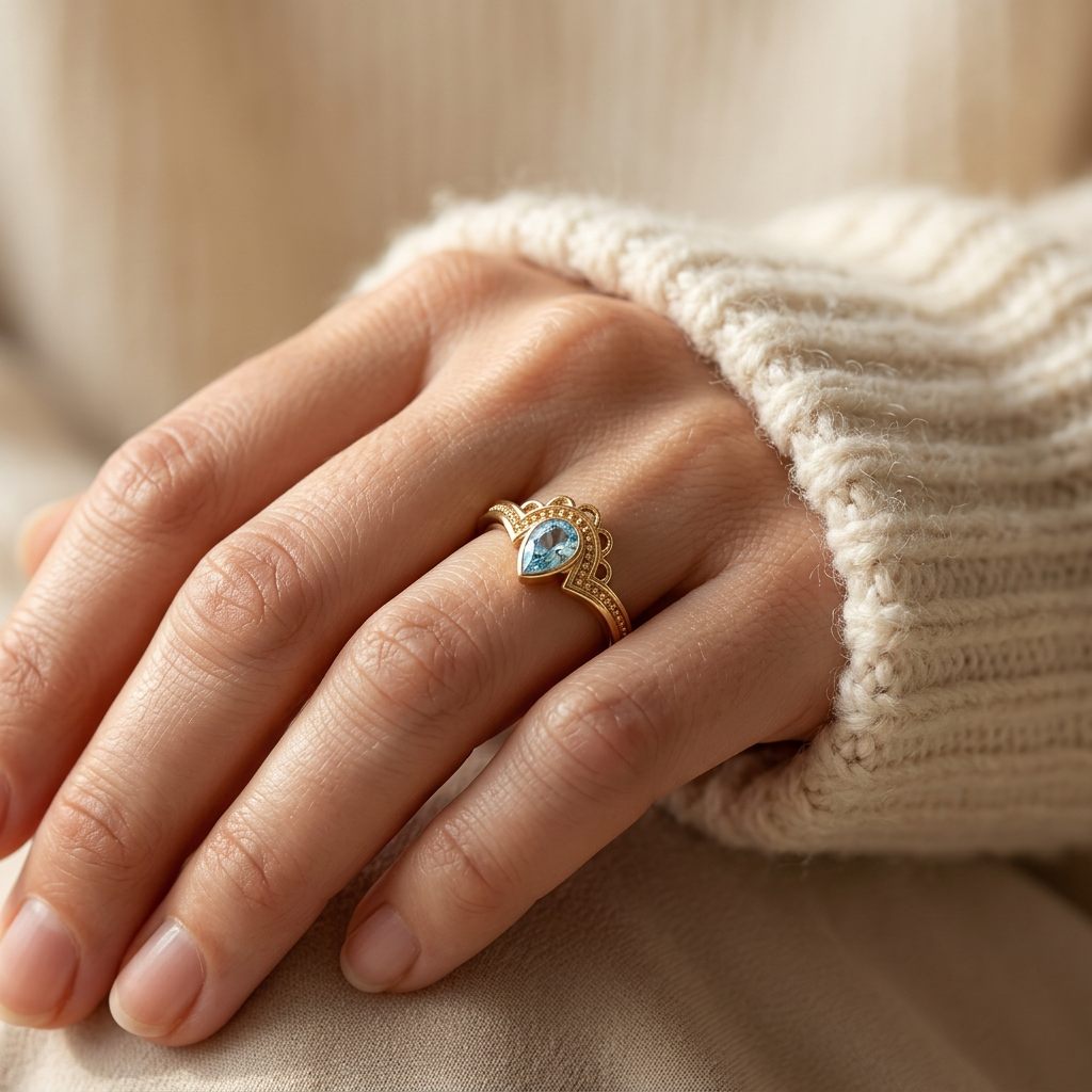 Close-up of a feminine hand wearing a gold aquamarine teardrop ring with pear-shaped blue stone in vintage-inspired milgrain setting, the delicate beaded detail resting on the finger. Soft natural lighting, warm beige linen background, natural skin texture with visible pores and slight imperfections.