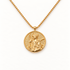 A gold Artemis huntress coin necklace with detailed medallion pendant depicting goddess of the hunt with bow and arrow, deer companion and forest motifs, ornate border, box chain design, shown from front and side angles on a clean white background displaying the intricate wilderness symbolism, classical figural relief, and polished gold finish.