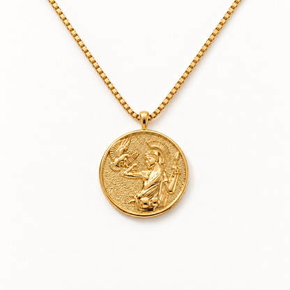 A gold Athena warrior coin necklace with detailed medallion pendant depicting goddess of wisdom with helmet, owl, and spear, ornate border with Greek motifs, box chain design, shown from front and side angles on a clean white background displaying the intricate wisdom symbolism, classical figural relief, and polished gold finish.