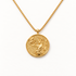 A gold Athena warrior coin necklace with detailed medallion pendant depicting goddess of wisdom with helmet, owl, and spear, ornate border with Greek motifs, box chain design, shown from front and side angles on a clean white background displaying the intricate wisdom symbolism, classical figural relief, and polished gold finish.