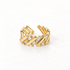 A gold baguette crystal ring with rectangular clear stones set in angular geometric pattern, modern architectural open band design, shown from front and side angles on a clean white background displaying the sparkling step-cut stones, sleek linear arrangement, and polished gold finish.
