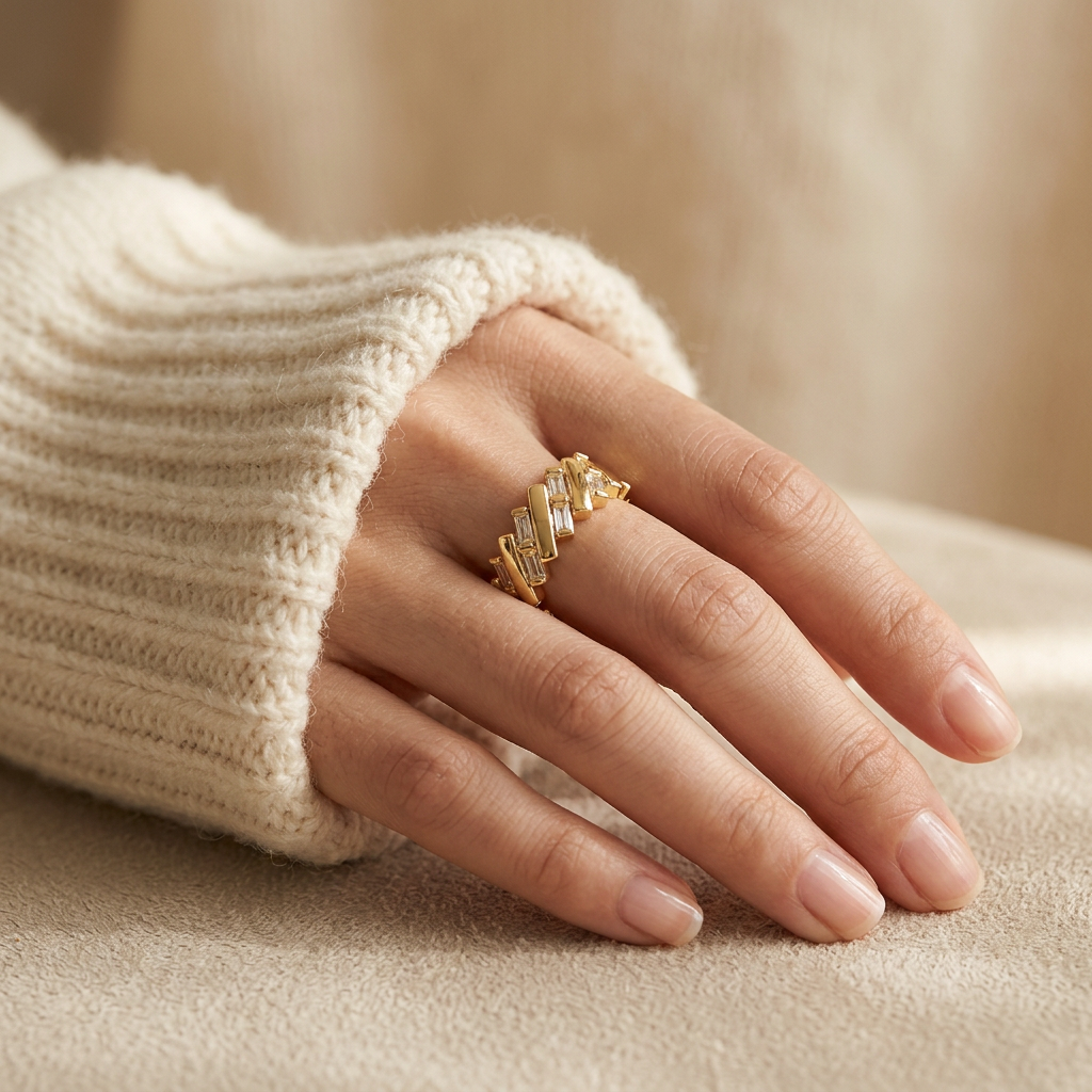 Close-up of a feminine hand wearing a gold baguette crystal ring with rectangular clear stones in angular geometric pattern, the modern architectural design resting on the finger. Soft natural lighting, warm beige linen background, natural skin texture with visible pores and slight imperfections.