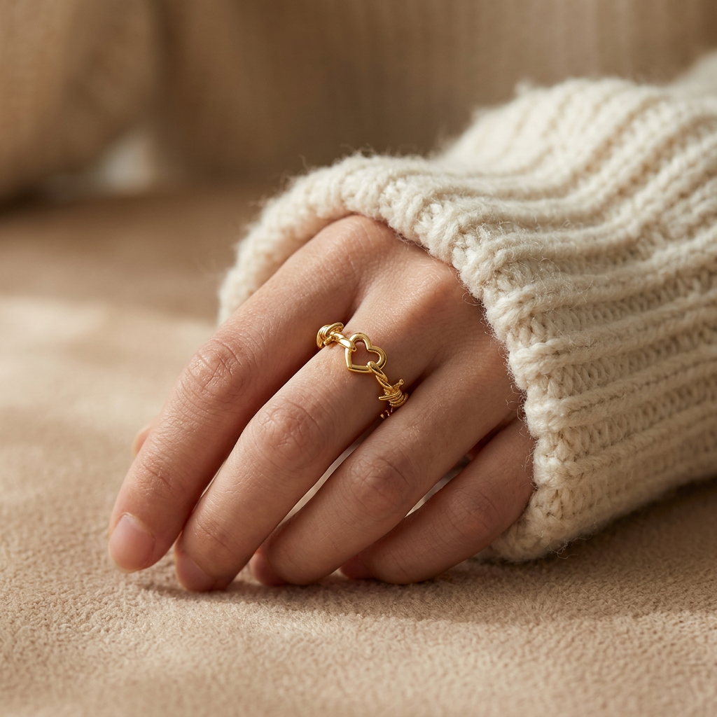 Close-up of a feminine hand wearing a gold barbed wire heart ring with twisted wire texture and open heart center, the edgy punk-inspired design resting on the finger. Soft natural lighting, warm beige linen background, natural skin texture with visible pores and slight imperfections.