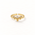 A gold bee ring with detailed insect body, pave crystal wings and body segments, delicate open adjustable band, shown from front and side angles on a clean white background displaying the intricate nature-inspired design, sparkling stone detail, and polished gold finish.