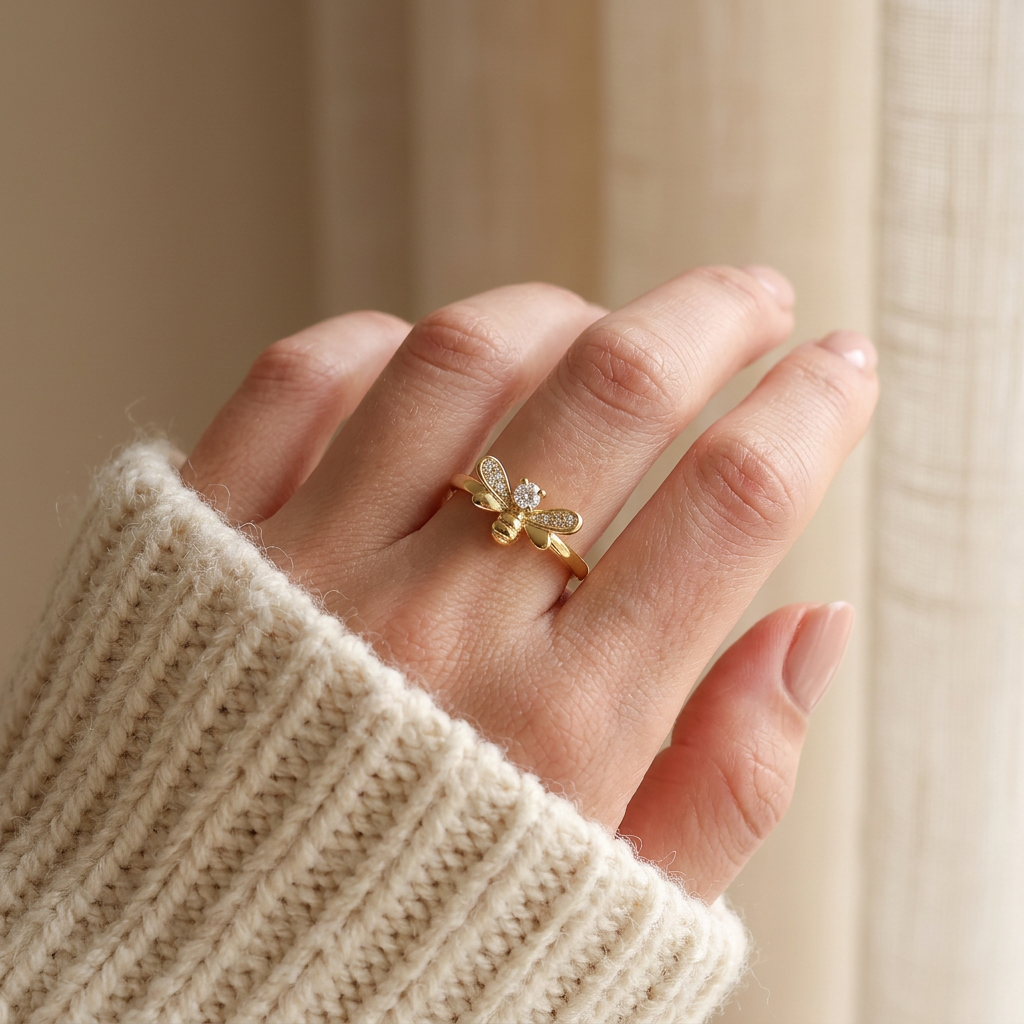 Close-up of a feminine hand wearing a gold bee ring with pave crystal wings and body segments, the nature-inspired insect design resting on the finger. Soft natural lighting, warm beige linen background, natural skin texture with visible pores and slight imperfections.