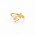 A gold butterfly ring with two delicate butterfly silhouettes on open adjustable band, nature-inspired design with detailed wing texture, shown from front and side angles on a clean white background displaying the fluttering pair, intricate wing veins, and polished gold finish.
