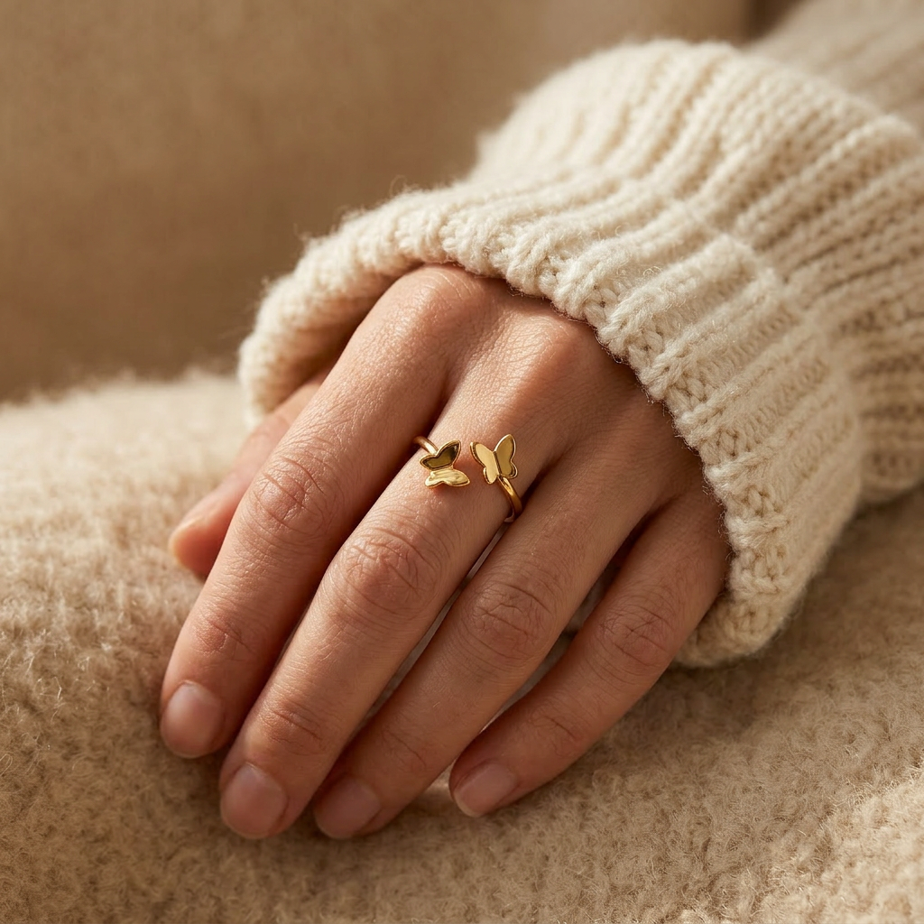 Close-up of a feminine hand wearing a gold butterfly ring with two delicate butterfly silhouettes, the nature-inspired fluttering pair resting on the finger. Soft natural lighting, warm beige linen background, natural skin texture with visible pores and slight imperfections.