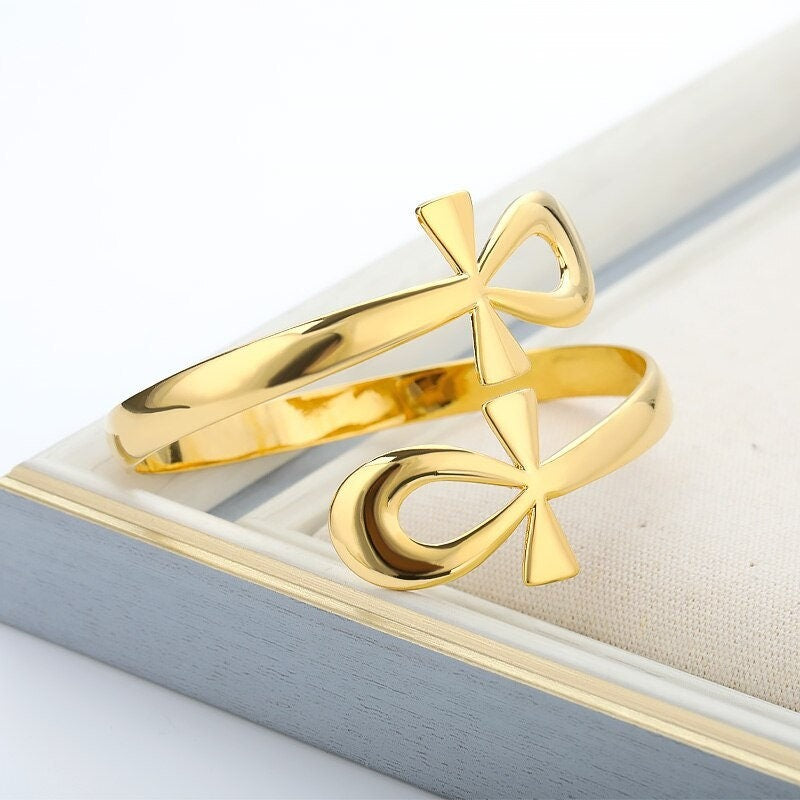 Egyptian Cross Bangle, Egyptian Ankh Bangle, 18K Gold Egyptian Bracelet for Women, Gift for Her