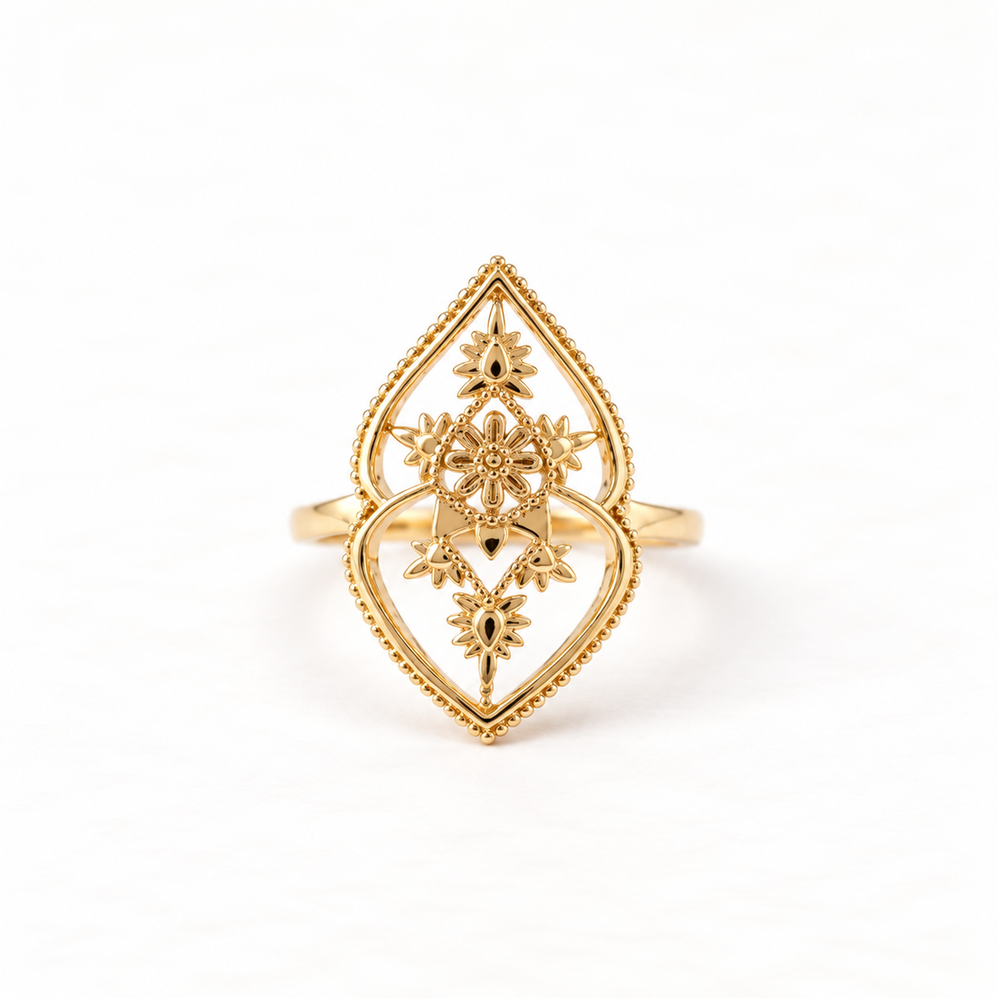 A gold celestial mandala ring with intricate filigree geometric pattern inside diamond-shaped frame, starburst center with radiating details, open adjustable band, shown from front and side angles on a clean white background displaying the ornate sacred geometry, delicate metalwork, and polished gold finish.