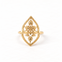 A gold celestial mandala ring with intricate filigree geometric pattern inside diamond-shaped frame, starburst center with radiating details, open adjustable band, shown from front and side angles on a clean white background displaying the ornate sacred geometry, delicate metalwork, and polished gold finish.