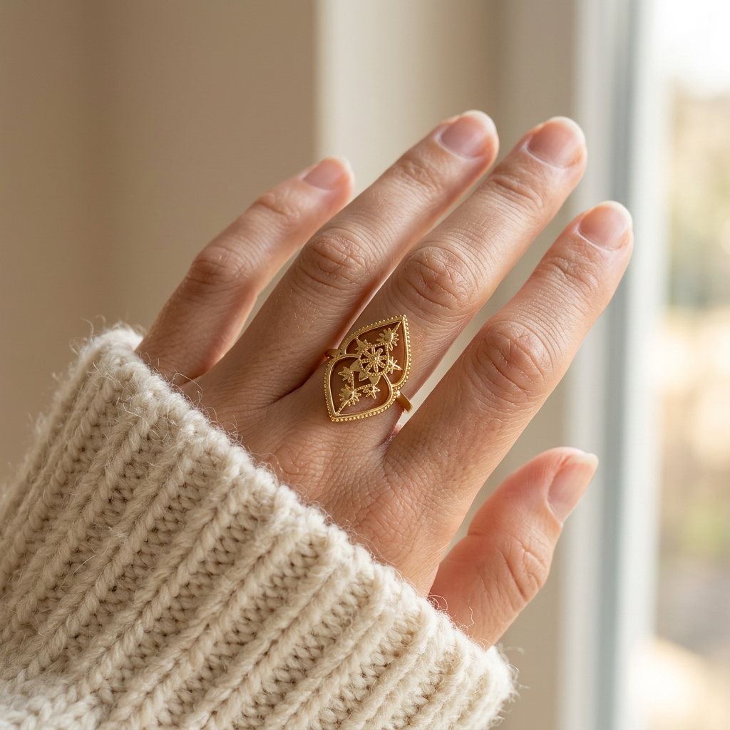 Close-up of a feminine hand wearing a gold celestial mandala ring with intricate filigree geometric pattern, the ornate sacred geometry resting on the finger. Soft natural lighting, warm beige linen background, natural skin texture with visible pores and slight imperfections.