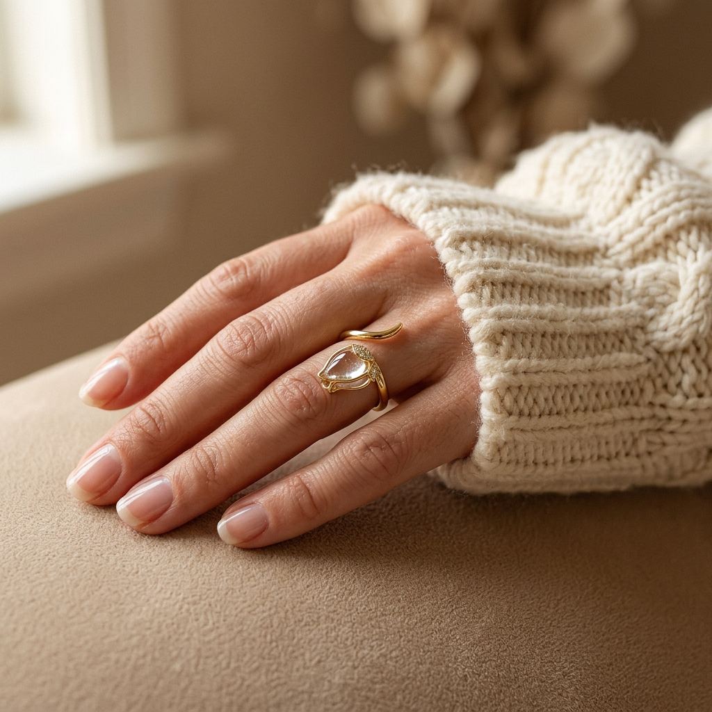 Close-up of a feminine hand wearing a gold clear crystal teardrop ring with marquise-shaped clear quartz stone, the transparent elegance resting on the finger. Soft natural lighting, warm beige linen background, natural skin texture with visible pores and slight imperfections.