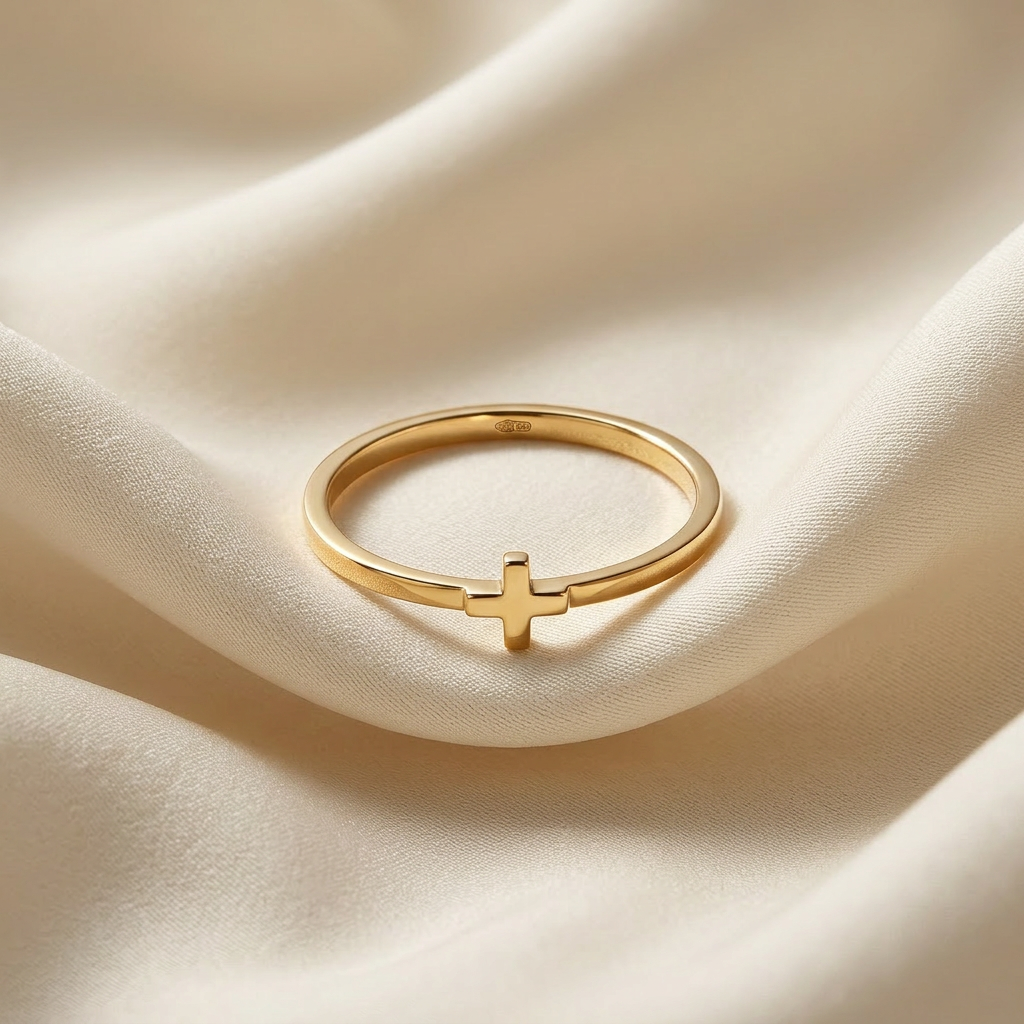 A gold cross ring with simple thin band and small centered cross symbol lying flat on a white background with soft natural shadows, showing the minimal spiritual symbolism, sleek band, and polished gold finish from above.
