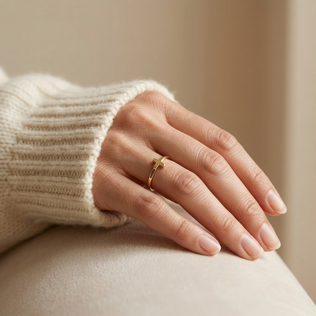 Close-up of a feminine hand wearing a gold cross ring with simple thin band and small centered cross symbol, the minimal spiritual design resting on the finger. Soft natural lighting, warm beige linen background, natural skin texture with visible pores and slight imperfections.