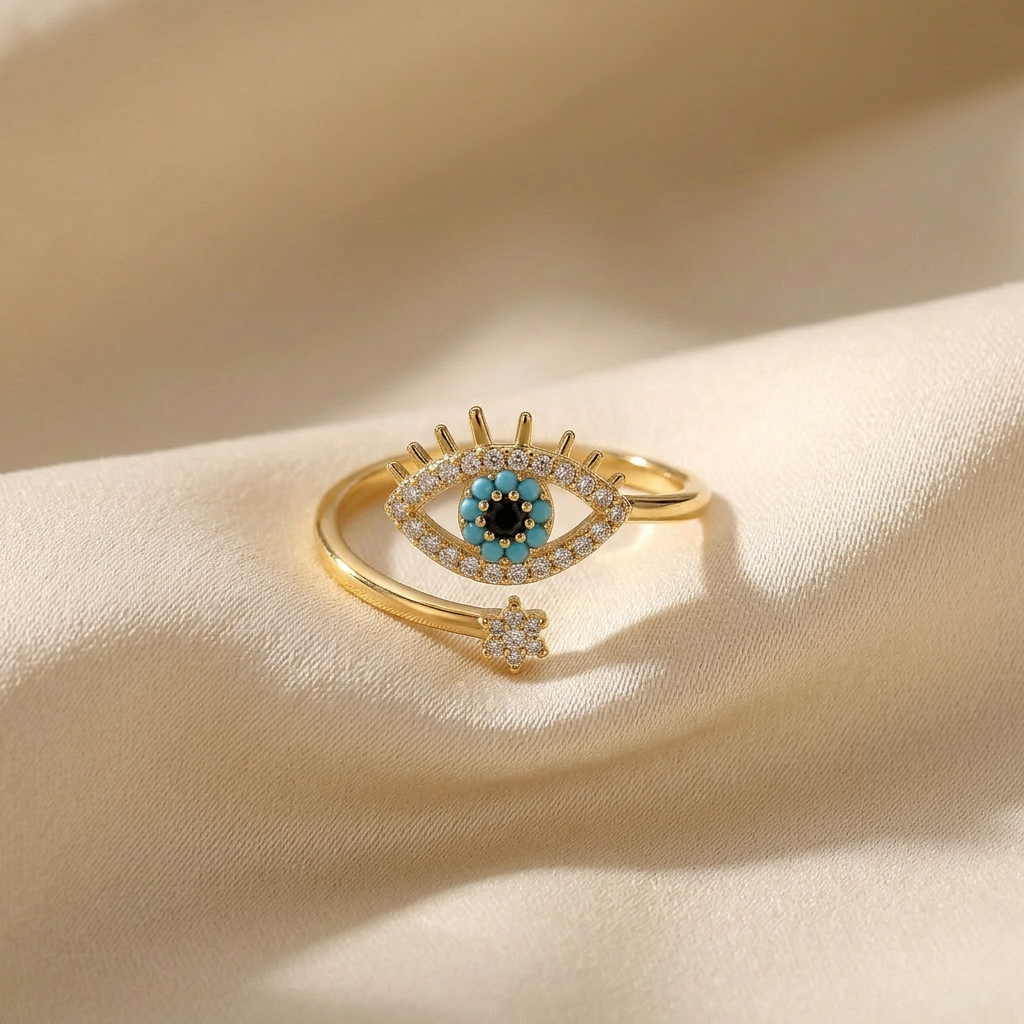 A gold crown evil eye ring with regal tiara detail above, turquoise blue center stone surrounded by clear crystals, and floral star accent below lying flat on a white background with soft natural shadows, showing the protective royal symbolism and polished gold finish from above.