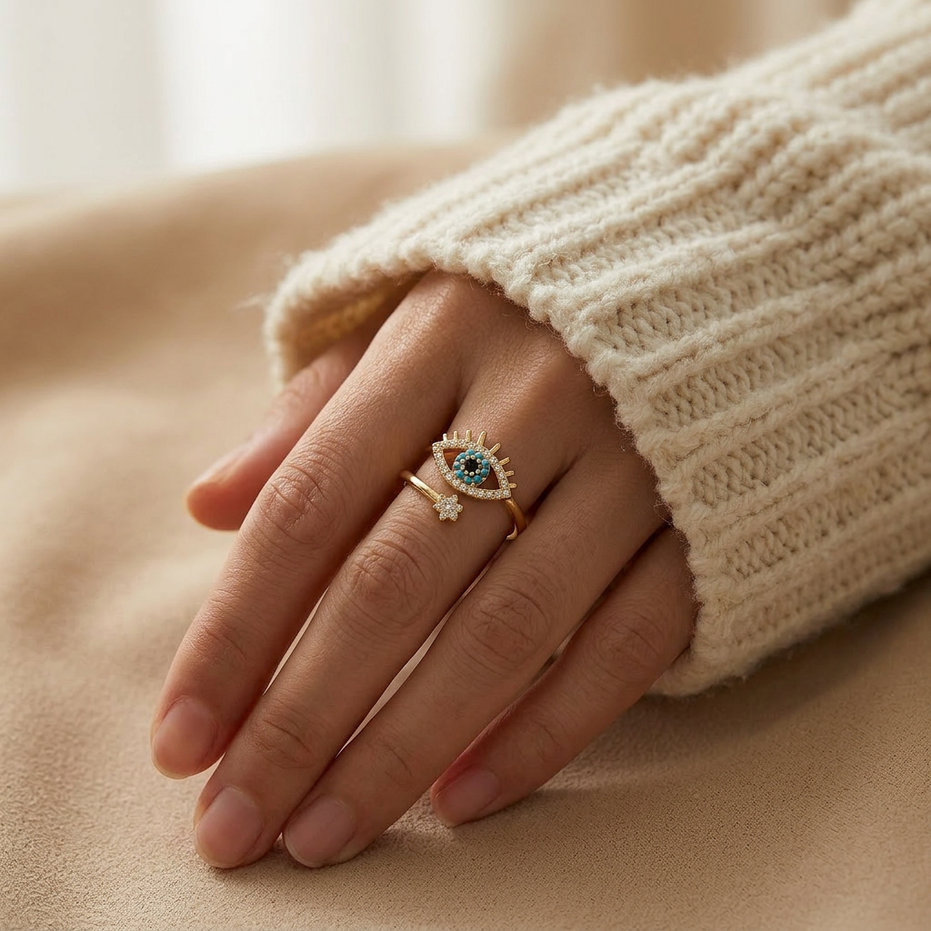 Close-up of a feminine hand wearing a gold crown evil eye ring with regal tiara detail and turquoise blue center stone, the protective royal symbolism resting on the finger. Soft natural lighting, warm beige linen background, natural skin texture with visible pores and slight imperfections.