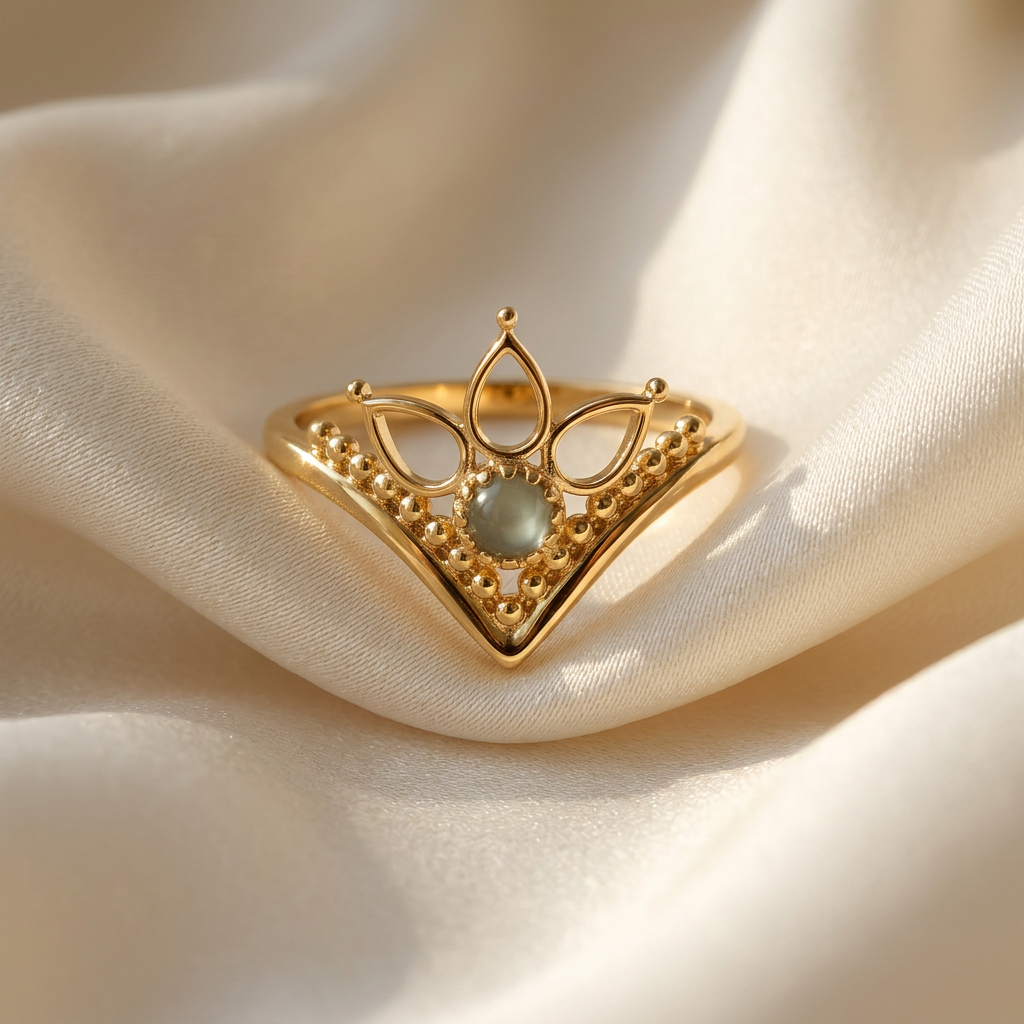 A gold crown tiara ring with intricate filigree details and iridescent moonstone center lying flat on a white background with soft natural shadows, showing the royal symbolism, ornate lace-like texture, and polished gold finish from above.