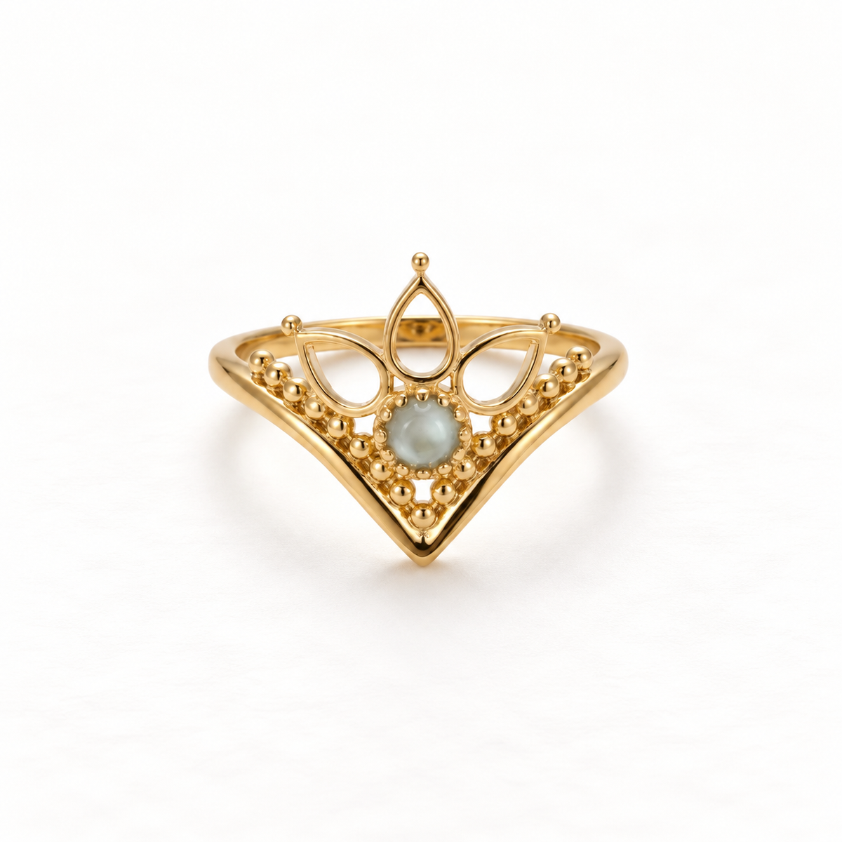 A gold crown tiara ring with intricate filigree details and iridescent moonstone center, regal princess design with pointed peaks and delicate metalwork, open adjustable band, shown from front and side angles on a clean white background displaying the royal symbolism, ornate lace-like texture, and polished gold finish.