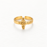 A gold crucifix cross ring with detailed textured 3D cross design and organic hammered band, open adjustable religious statement piece, shown from front and side angles on a clean white background displaying the sculptural crucifix form, intricate surface texture, and polished gold finish.