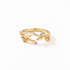 A gold crystal vine ring with winding branch design and clear pave stones set in leaf-shaped settings, delicate botanical open band, shown from front and side angles on a clean white background displaying the nature-inspired sparkle, intricate twig texture, and polished gold finish.