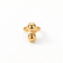 A gold double ball ring with two large polished spherical orbs on open adjustable band, modern minimalist statement design, shown from front and side angles on a clean white background displaying the sculptural spheres, sleek reflective surface, and polished gold finish.