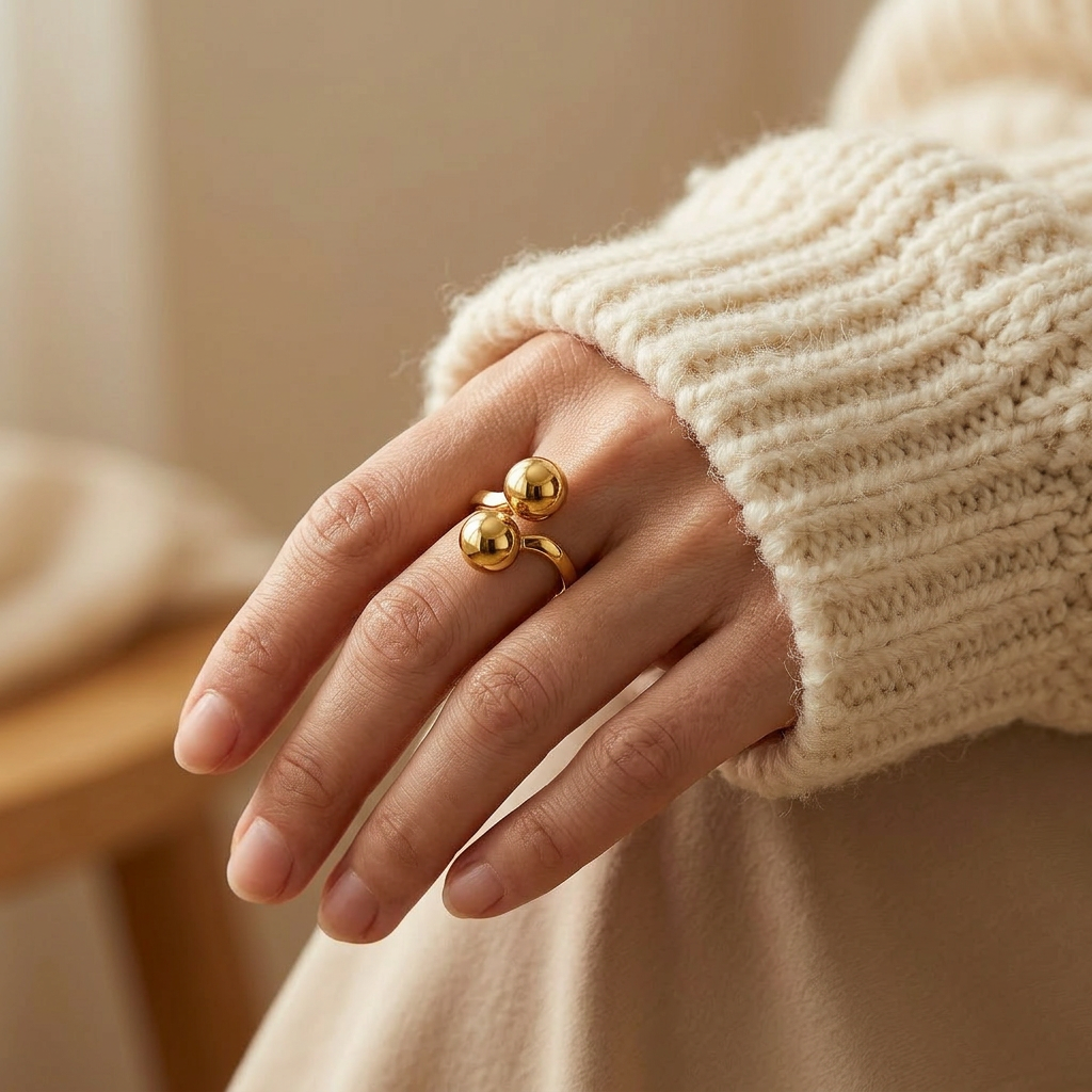 Close-up of a feminine hand wearing a gold double ball ring with two large polished spherical orbs, the modern minimalist statement resting on the finger. Soft natural lighting, warm beige linen background, natural skin texture with visible pores and slight imperfections.