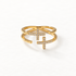 A gold double cross pave ring with two intersecting crosses covered in clear crystals, plus and minus symbol design, open adjustable band, shown from front and side angles on a clean white background displaying the sparkling stone detail, geometric symbolism, and polished gold finish.
