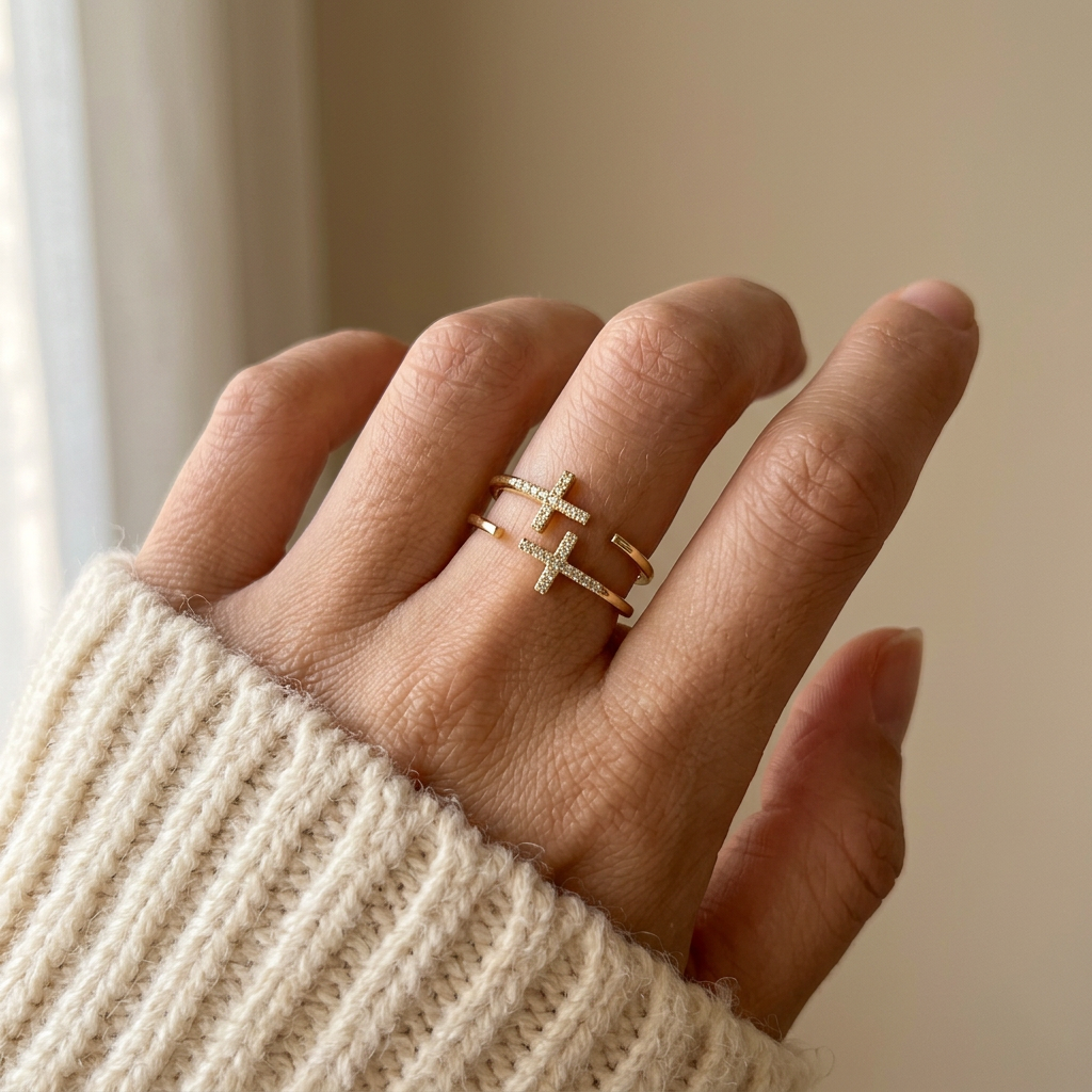 Close-up of a feminine hand wearing a gold double cross pave ring with two intersecting crosses covered in clear crystals, the geometric plus and minus design resting on the finger. Soft natural lighting, warm beige linen background, natural skin texture with visible pores and slight imperfections.