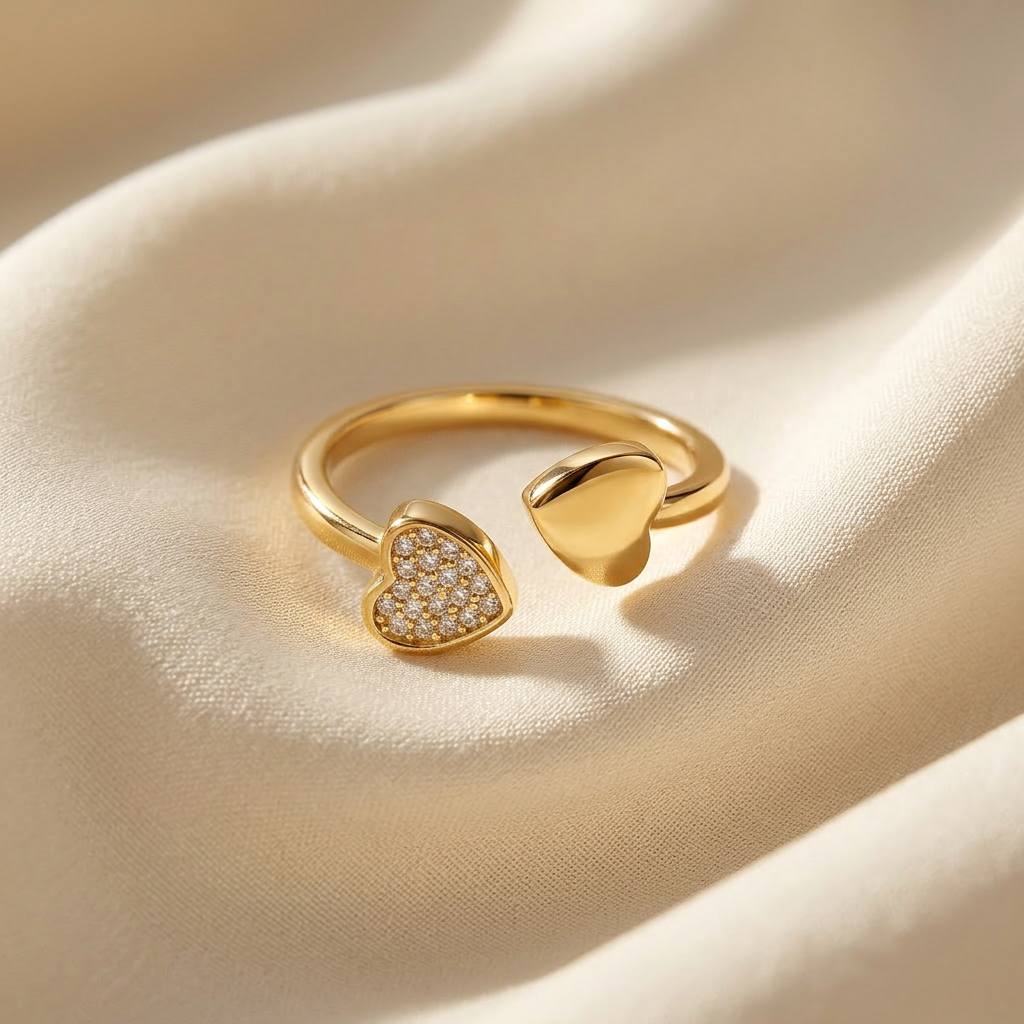 A gold double heart ring with one pave crystal-encrusted heart and one plain polished heart lying flat on a white background with soft natural shadows, showing the sparkling contrast, dual heart symbolism, and polished gold finish from above.