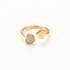 A gold double heart ring with one pave crystal-encrusted heart and one plain polished heart on open adjustable band, asymmetrical romantic design, shown from front and side angles on a clean white background displaying the sparkling contrast, dual heart symbolism, and polished gold finish.