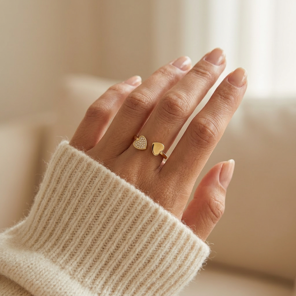 Close-up of a feminine hand wearing a gold double heart ring with one pave crystal heart and one plain heart, the asymmetrical romantic design resting on the finger. Soft natural lighting, warm beige linen background, natural skin texture with visible pores and slight imperfections.