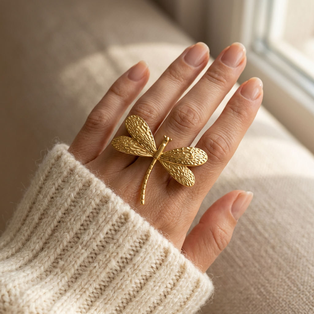 Close-up of a feminine hand wearing a gold dragonfly ring with detailed veined wing texture, the organic insect design resting on the finger. Soft natural lighting, warm beige linen background, natural skin texture with visible pores and slight imperfections.