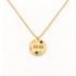 A gold 11:11 disc necklace with round coin pendant engraved with digital numerals and starburst accents, delicate cable chain, spiritual synchronicity design, shown from front and side angles on a clean white background displaying the celestial time detail, circular medallion form, and polished gold finish.