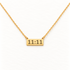 A gold 11:11 angel number necklace with rectangular pendant engraved in digital clock font and delicate cable chain, spiritual synchronicity design with etched numerals, shown from front and side angles on a clean white background displaying the bold time display detail, meaningful symbolism, and polished gold finish.