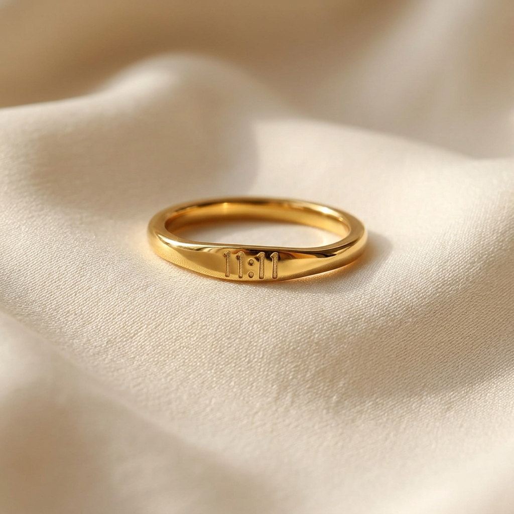 A gold angel number ring with "11:11" engraved on the band lying flat on a white background with soft natural shadows, showing the etched numerals, slim minimalist design, and polished gold finish from above.