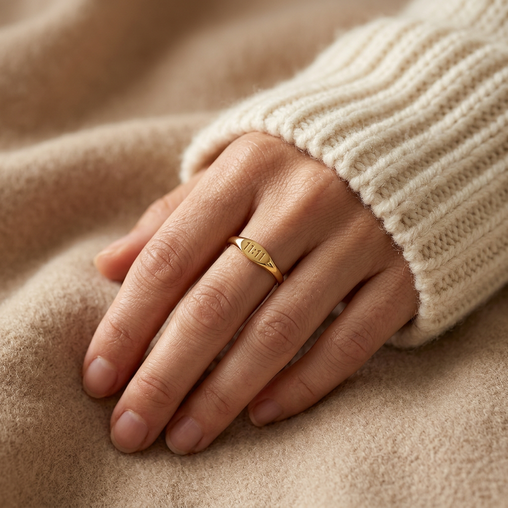 Close-up of a feminine hand wearing a gold angel number ring with "11:11" engraved on the band, the spiritual synchronicity symbol visible on the finger. Soft natural lighting, warm beige linen background, natural skin texture with visible pores and slight imperfections.