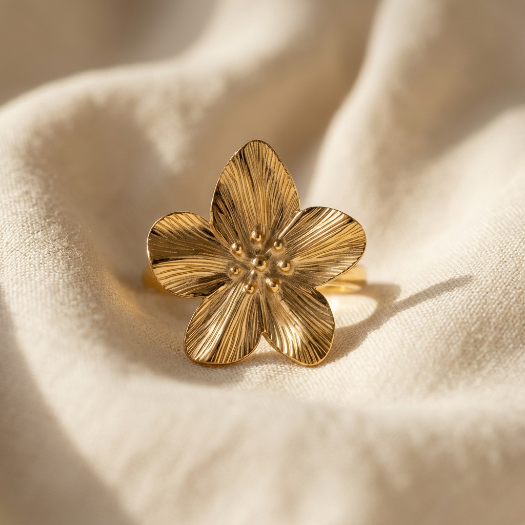 A gold five petal flower ring with detailed vein texture on each petal and textured center stamen lying flat on a white background with soft natural shadows, showing the botanical bloom design, intricate petal ridges, and polished gold finish from above.
