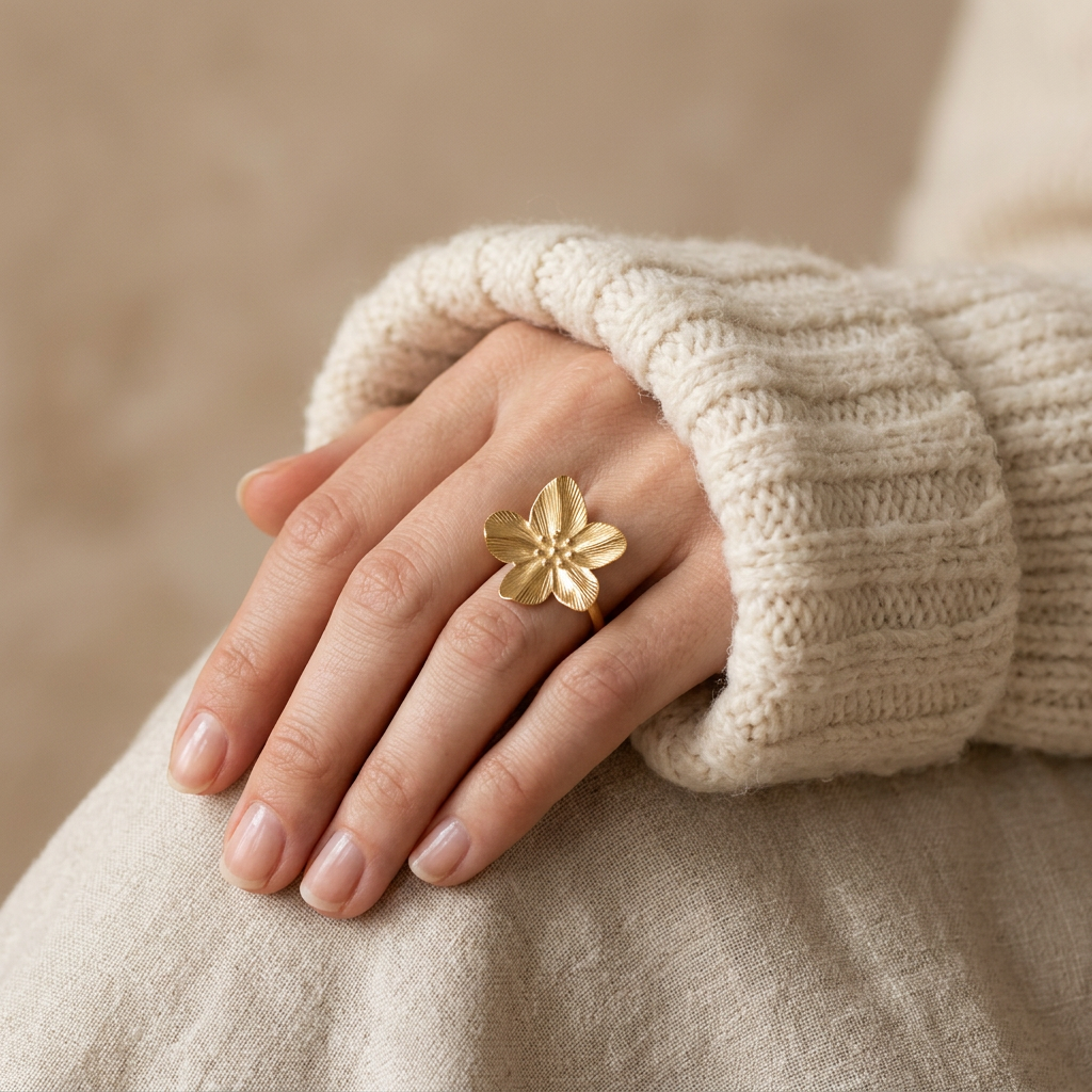 Close-up of a feminine hand wearing a gold five petal flower ring with detailed vein texture, the botanical bloom resting on the finger. Soft natural lighting, warm beige linen background, natural skin texture with visible pores and slight imperfections.