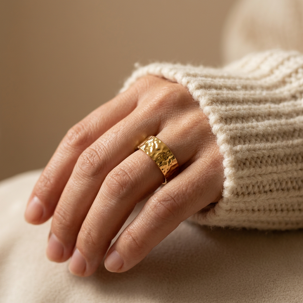 Close-up of a feminine hand wearing a gold hammered band ring with wide textured surface and organic dimpled pattern, the artisan design resting on the finger. Soft natural lighting, warm beige linen background, natural skin texture with visible pores and slight imperfections.