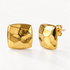 A pair of 18k gold hammered square stud earrings with faceted organic texture, shown from front and side angles on a clean white background displaying the geometric shape and post with butterfly backing.