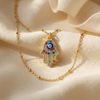 A gold Hamsa hand pave necklace with colorful crystals, blue evil eye center, and delicate chain lying flat on a white background with soft natural shadows, showing the vibrant multicolor sparkle, intricate hand detail, and polished gold finish from above.
