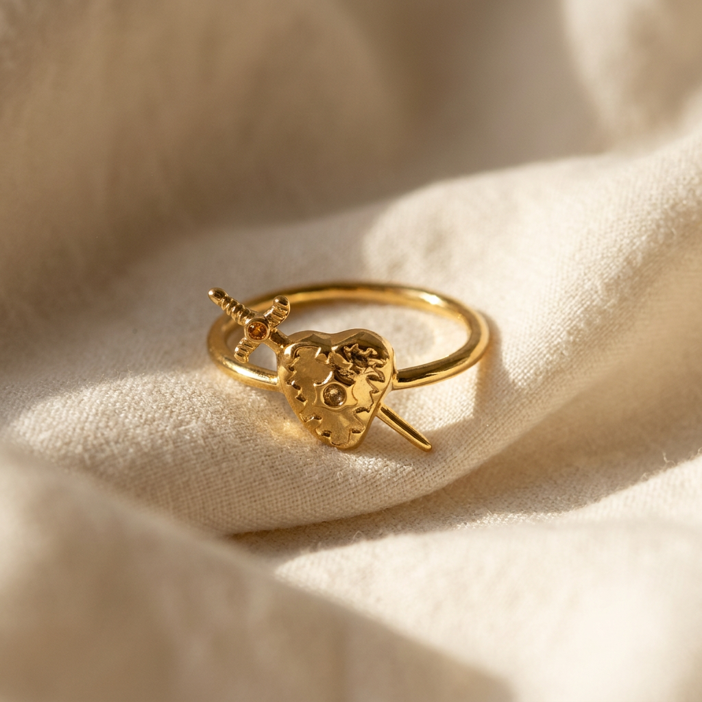A gold heart and sword ring with detailed anatomical heart pierced by a dagger lying flat on a white background with soft natural shadows, showing the intricate heart texture and blade detail, open adjustable band, and polished gold finish from above.