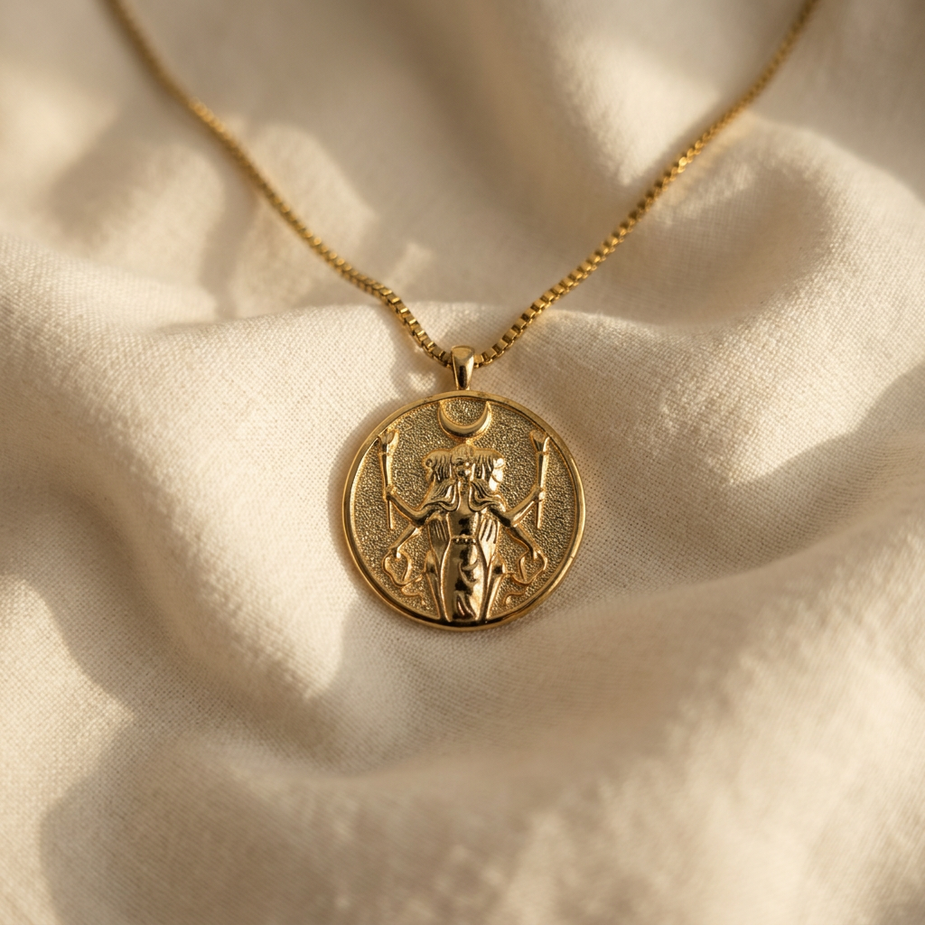 A gold Hecate triple goddess coin necklace with detailed medallion pendant and box chain lying flat on a white background with soft natural shadows, showing the intricate triple goddess symbolism, protective imagery, and polished gold finish from above.
