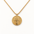 A gold Hecate triple goddess coin necklace with detailed medallion pendant depicting standing figure holding two torches, crescent moon above and key below, textured border and figural relief, box chain design, shown from front and side angles on a clean white background displaying the intricate triple goddess symbolism, protective imagery, and polished gold finish.