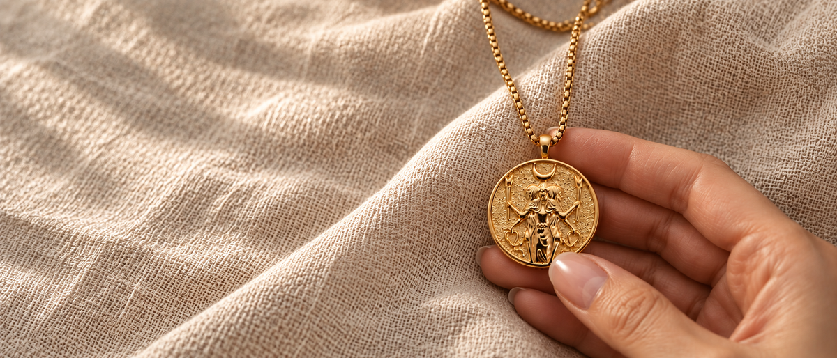 Gold Hecate triple goddess coin necklace on oatmeal linen with soft dappled lighting. Detailed medallion with torch-bearing figures. Warm golden tones.