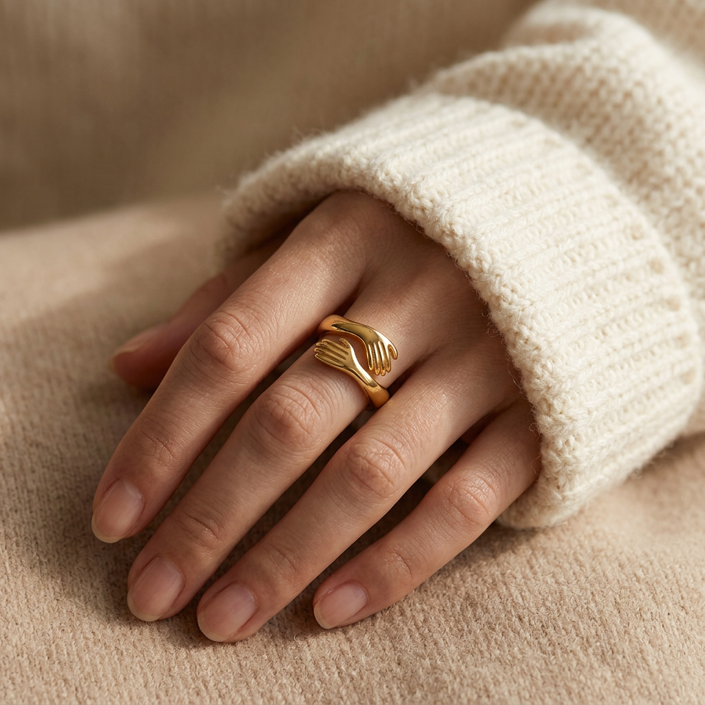 Close-up of a feminine hand wearing a gold hug ring with two detailed hands wrapping around in an embrace, the textured fingers and palms visible. Soft natural lighting, warm beige linen background, natural skin texture with visible pores and slight imperfections.