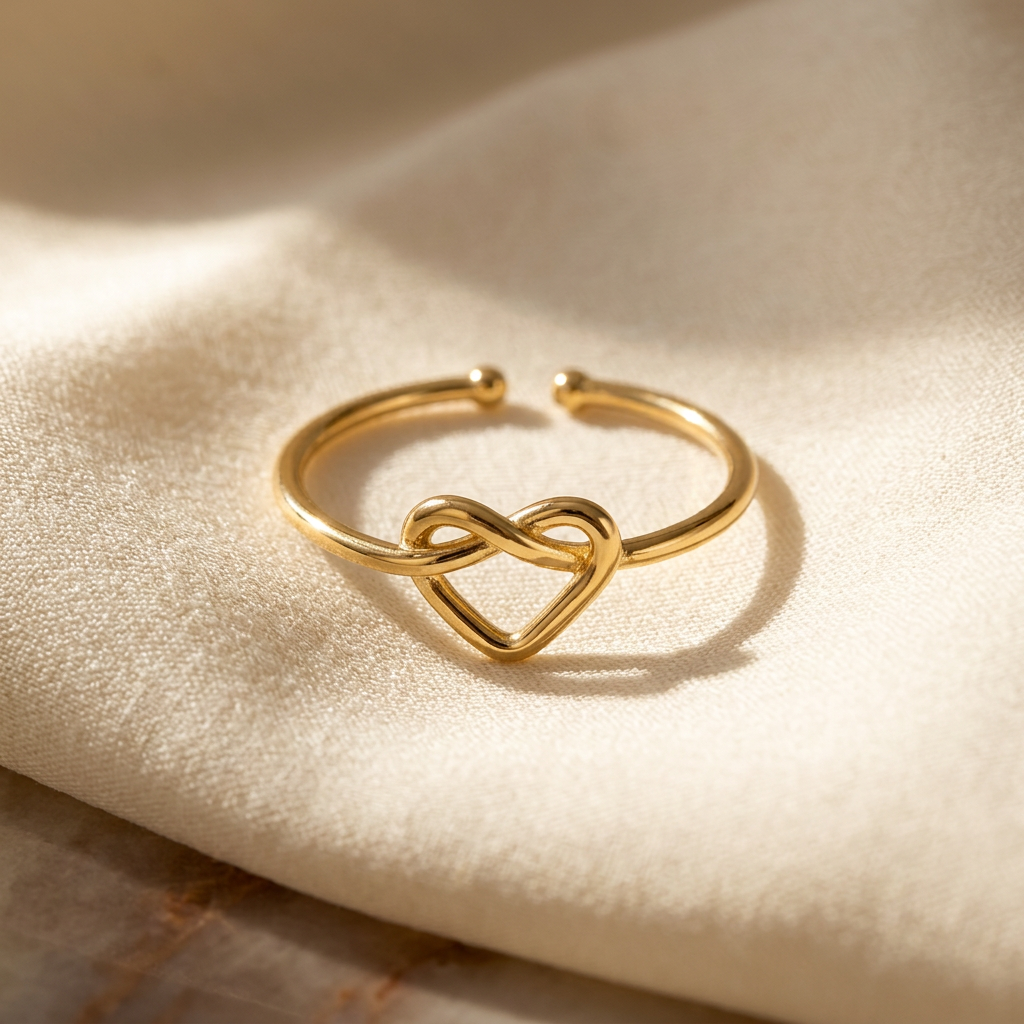 A gold infinity heart ring with continuous loop forming an intertwined heart shape lying flat on a white background with soft natural shadows, showing the eternal love symbolism, delicate interwoven design, and polished gold finish from above.
