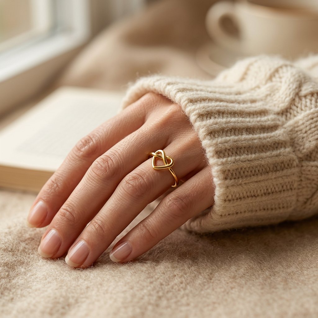 Close-up of a feminine hand wearing a gold infinity heart ring with continuous loop forming an intertwined heart shape, the eternal love symbolism resting on the finger. Soft natural lighting, warm beige linen background, natural skin texture with visible pores and slight imperfections.