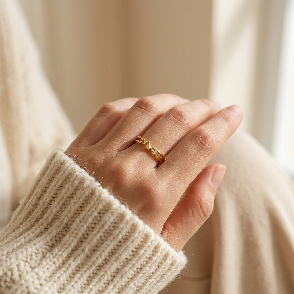 Close-up of a feminine hand wearing a gold infinity knot ring with continuous loop design, the eternal connection symbolism resting on the finger. Soft natural lighting, warm beige linen background, natural skin texture with visible pores and slight imperfections.